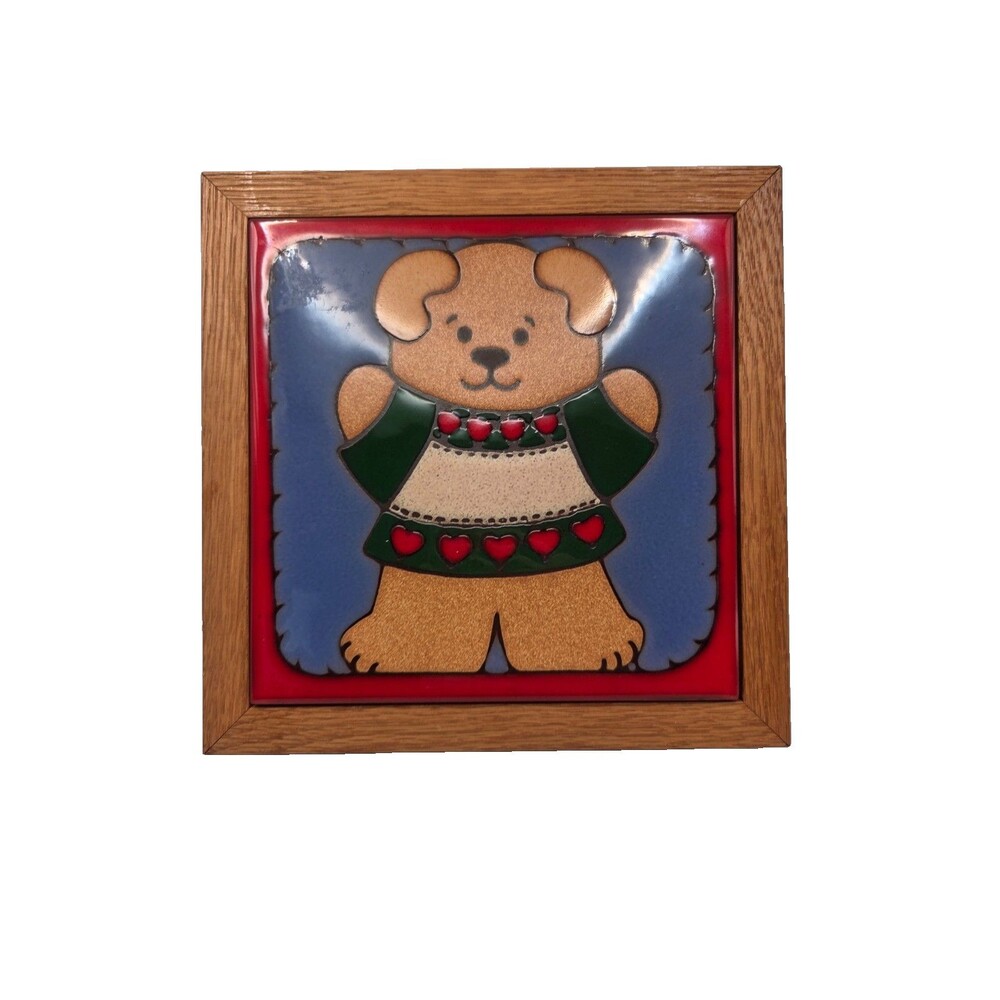 Handmade Trivet Tile Hot Plate Teddy Bear Wearing Christmas Sweater Ceramic Wood